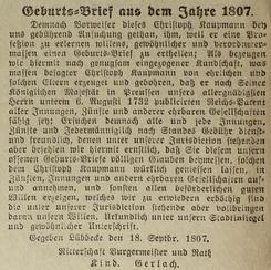 Geburtsbrief aus 1807
