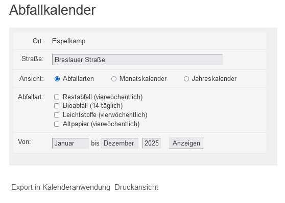 Screenshot vom digitalen Abfallkalender