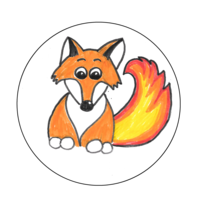 In einem wei�en Kreis ist ein bunt gezeichneter, orangefarbener Fuchs mit gro�en Augen und buschigem, rot-gelbem Schwanz zu sehen.