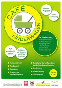 Flyer Caf� Kinderwagen: gr�ner Hintergrund, oben gelber Kreis mit stilisiertem Kinderwagen, darunter Infos zu Treffen in Preu�isch Oldendorf f�r werdende Eltern und Eltern mit Kindern im Alter von 0-3 Jahren jeden 2. Donnerstag von 10-12 Uhr im 'Alten Pfarrhaus'