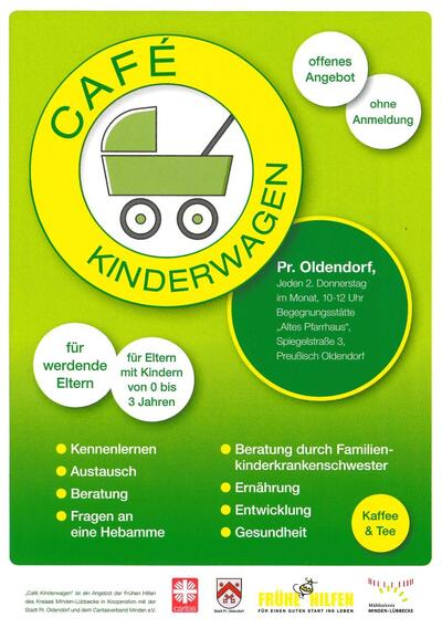 Flyer Caf� Kinderwagen: gr�ner Hintergrund, oben gelber Kreis mit stilisiertem Kinderwagen, darunter Infos zu Treffen in Preu�isch Oldendorf f�r werdende Eltern und Eltern mit Kindern im Alter von 0-3 Jahren jeden 2. Donnerstag von 10-12 Uhr im 'Alten Pfarrhaus'