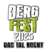 Logo BERGFEST 2025 in abgenutzter Wei�- und Hellgr�n-Optik, darunter Slogan ,DAS TAL ROCKT' in schwarzer Gro�schrift"