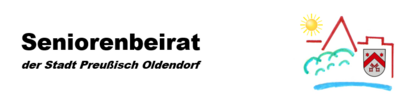 Logo Seniorenbeirat der Stadt Preu�isch Oldendorf: schwarzer Schriftzug 'Seniorenbeirat' �ber kursivem Untertitel, daneben farbige Skizze aus rotem Dach, gr�nem Busch, gelber Sonne, blauem Wasser und rotem Stadtwappen.