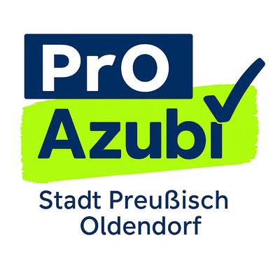 Logo Pro Azubi Stadt Preu�isch Oldendorf: ,Pro' in Wei� auf dunkelblauem Kasten, ,Azubi' in Dunkelblau auf gr�nem Pinselstrich mit blauem Haken, Text ,Stadt Preu�isch Oldendorf' darunter.