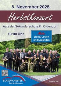 Plakat f�r das Herbstkonzert des Blasorchesters Bad Holzhausen am 09. November 2025 in der Aula der Sekundarschule Preu�isch Oldendorf.