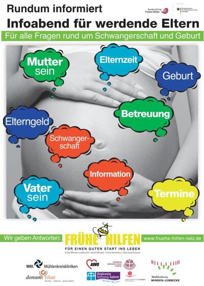 Flyer zum Infoabend f�r werdende Eltern mit Themen wie Schwangerschaft, Geburt, Elternzeit und Elterngeld.