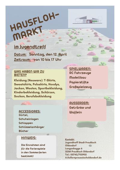 Flyer f�r einen Hausflohmarkt im Jugendtreff am Sonntag, 12. April, von 10 bis 17 Uhr. Angebot: Kleidung, Accessoires und Spielwaren. Erl�s f�r Ferienspiele.