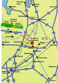 Die Verkehrsspinne zeigt, dass Preu�isch Oldendorf direkt am Wiehengebirge zwischen den St�dten Osnabr�ck und Minden. Preu�isch Oldendorf ist hier mit einem gro�en roten Punkt makiert.