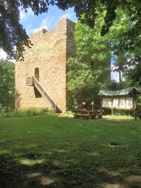 Zusehen ist die Burgruine Limberg bei klarem Himmel. Die Burgruine befindet sich zwischen den B�umen empor tretet. An einer Seite der Burgruine befindet sich eine Treppe zum Eingang in die Burg. Neben der Burgruine stehen 3 Informationstafeln die �ber die Geschichte der Burgruine aufkl�ren.