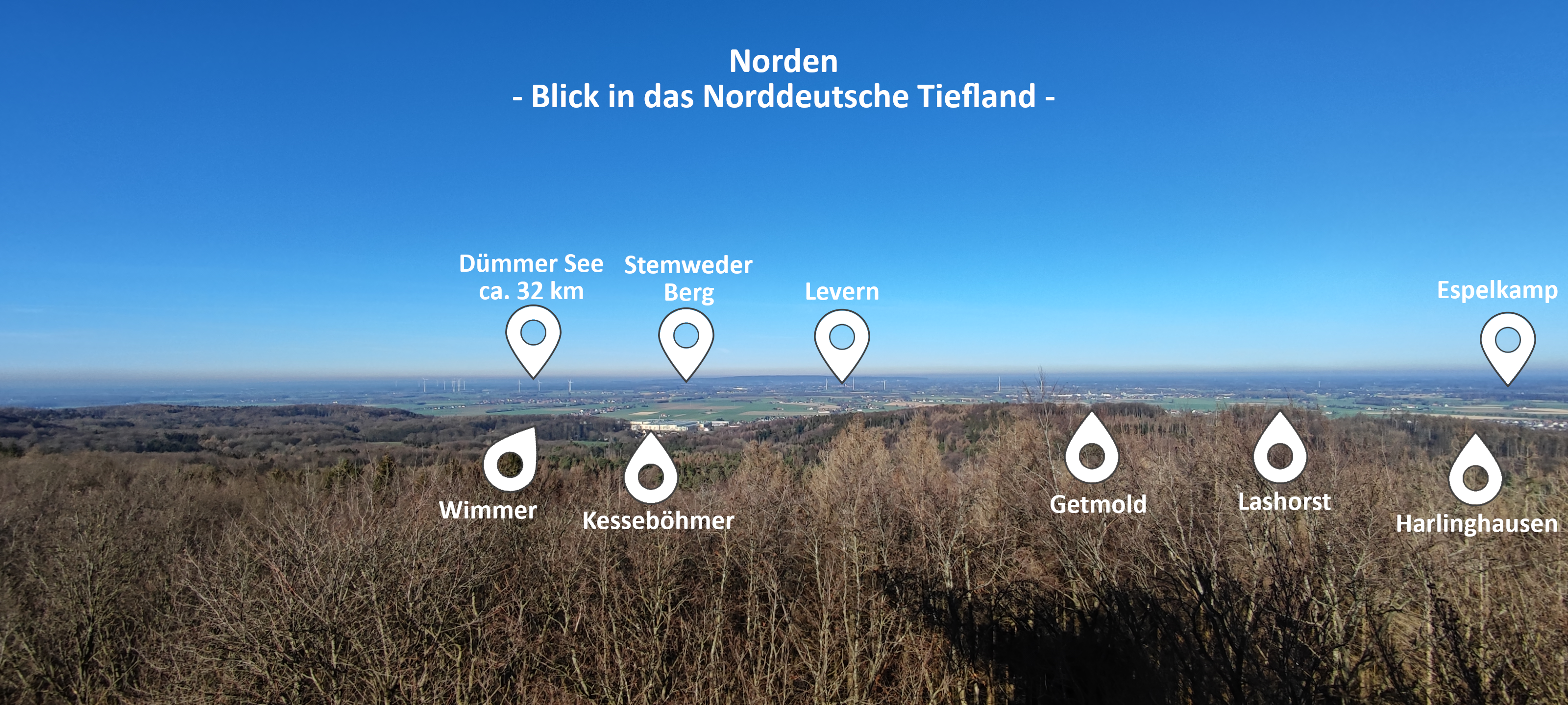 Zu sehen ist der Blick vom Wiehenturm in Richtung Norden auf das Norddeutsche Tiefland.