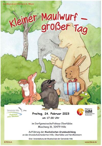 Am 24. Februar 2023 wird 17 Uhr im Dorfgemeinschaftshaus Oberl�bbe, Maschweg 16, das Musical "Kleiner Maulwurf - gro�er Tag" aufgef�hrt.