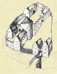 Zusehen ist hier eine alte Skizze der Burg Limberg, zumindest wie sie wahrscheinlich mal ausgesehen hat. Es gab ein einen hohen Turm, der sich in der Mitte der Burg befand, um diesen wurden H�user und Mauern gebaut.