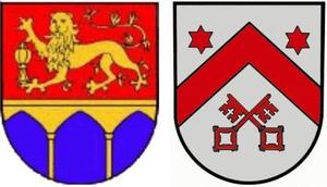 Wappen der Gemeinde St. Oswald-M�derbrugg und der Stadt Preu�isch Oldendorf nebeneinander.