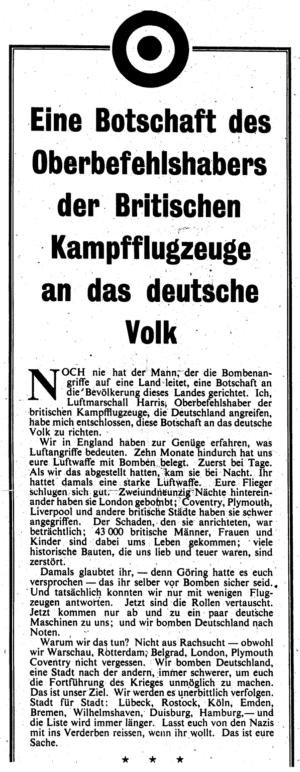Alliiertes Flugblatt, abgeworfen am 12.08.1942. Oberbefehlshaber war A.T. Harris